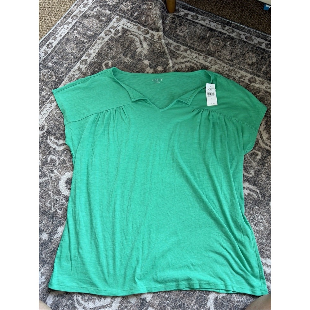 LOFT Green V Neck Cap Sleeve Gathered Front Tunic Top Women's Size Large
